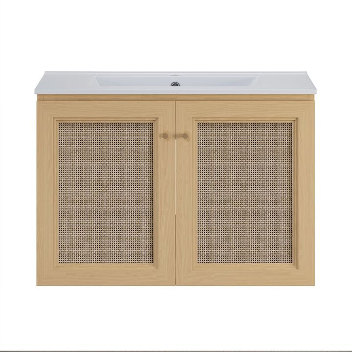 30" Wall-Mounted Bathroom Vanity in Natural Oak, Single Faucet Hole Vanity Top