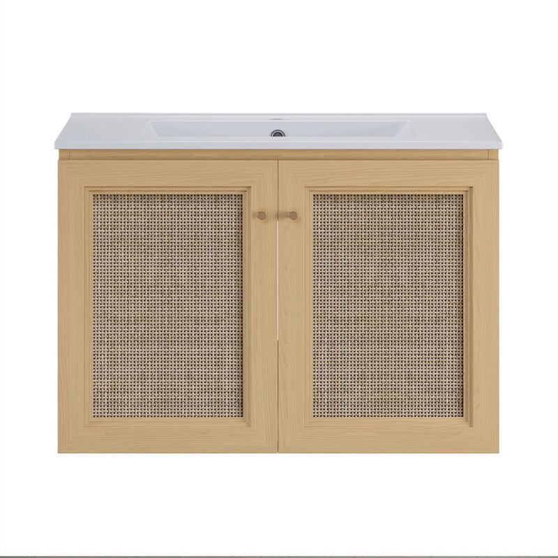 30" Wall-Mounted Bathroom Vanity in Natural Oak, Single Faucet Hole Vanity Top image number 0