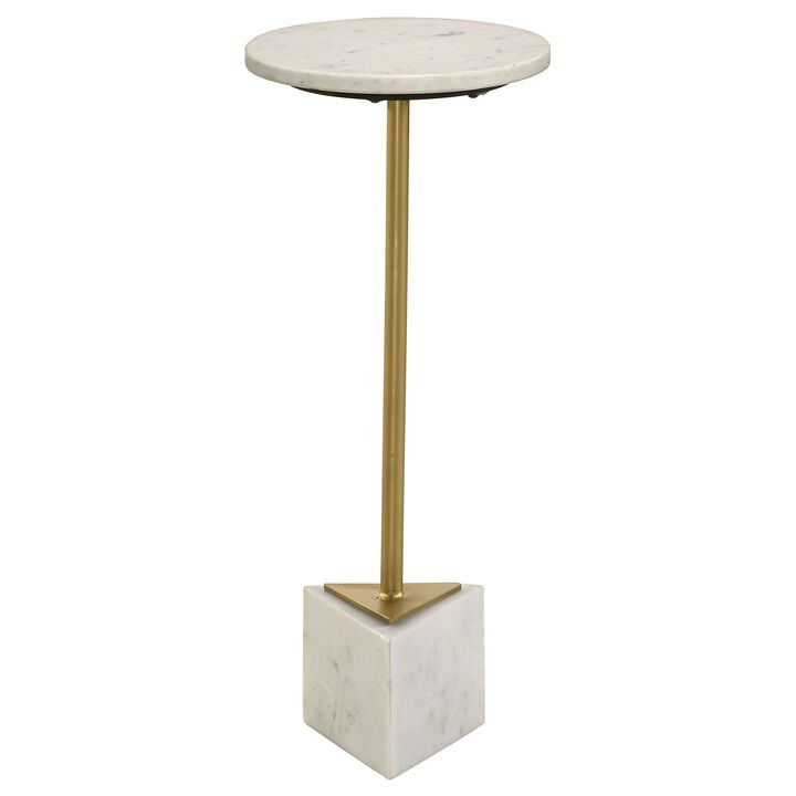 Drink Side Table, 10 Inch Round Marble Top, Triangular Base, Gold Frame - Benzara