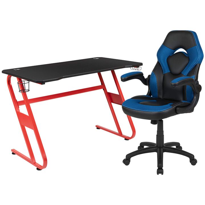 Flash Furniture Red Gaming Desk and Blue/Black Racing Chair Set with Cup Holder and Headphone Hook