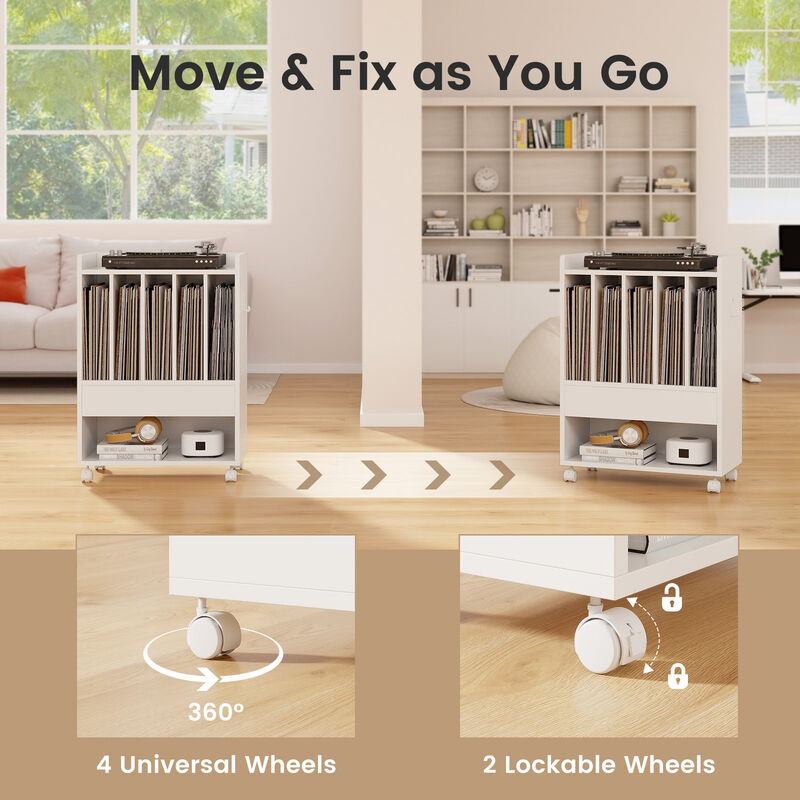 Rolling Turntable Stand with Drawer and Vinyl Record Storage