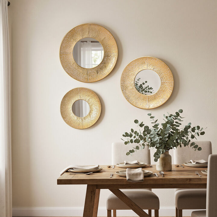 Hammered Round Wall Mirror 3PC Set, Gold