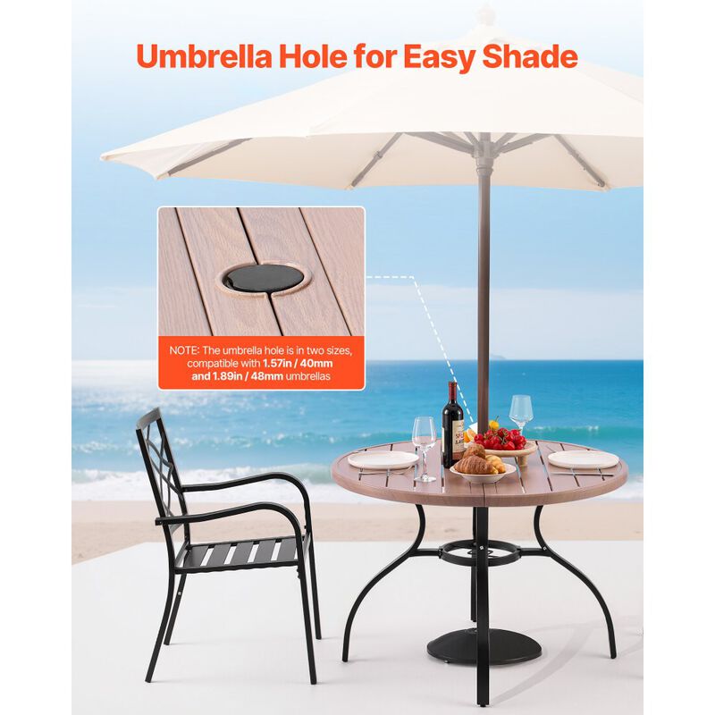 Outdoor Round Bistro Table, Wood-Look Steel Slat Patio Dining Table with Umbrella Hole image number 4