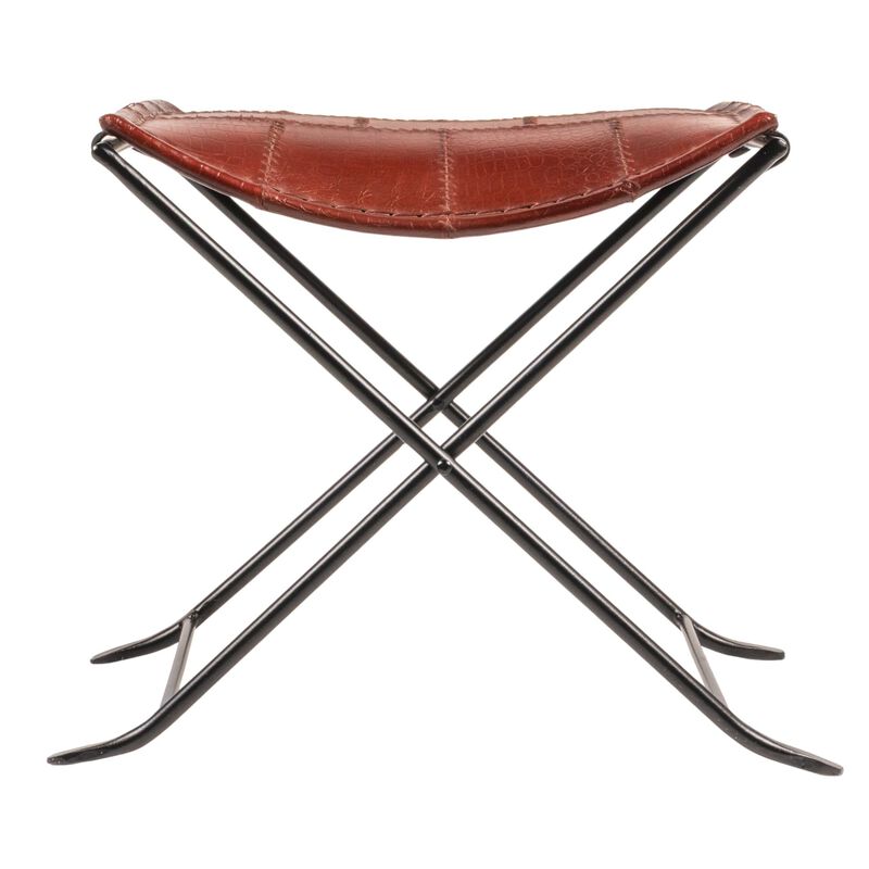 Collapsible Leather and Metal Stool, Russet Brown image number 4