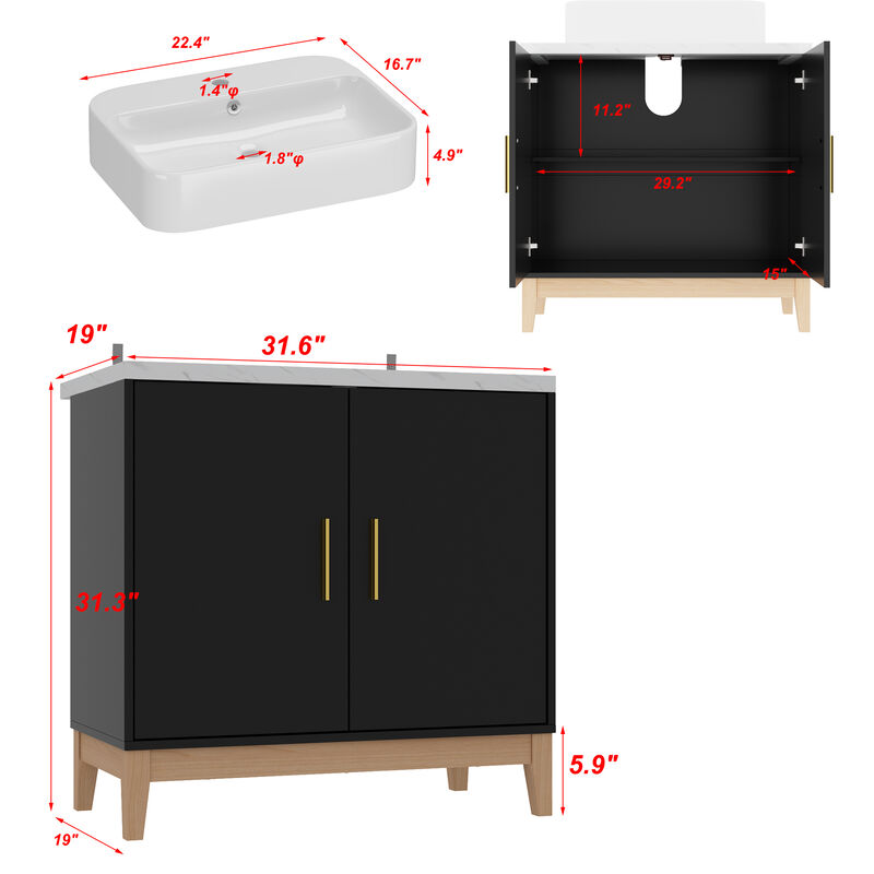 31.6 in. W x 19 in. D x 31.3 in. H in Black Ready to Assemble Free Standing Bathroom Cabinet with Basin without Mirror