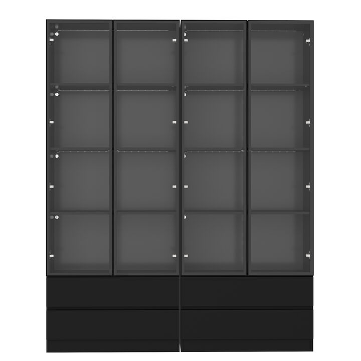 FUFU&GAGA 63" Modern Black Storage Cabinet with LED Lighting, 4 Glass Doors & 4 Drawers, P2 PB Board Media Console (63 in. W x 14.2 in. D x 78.7 in. H)