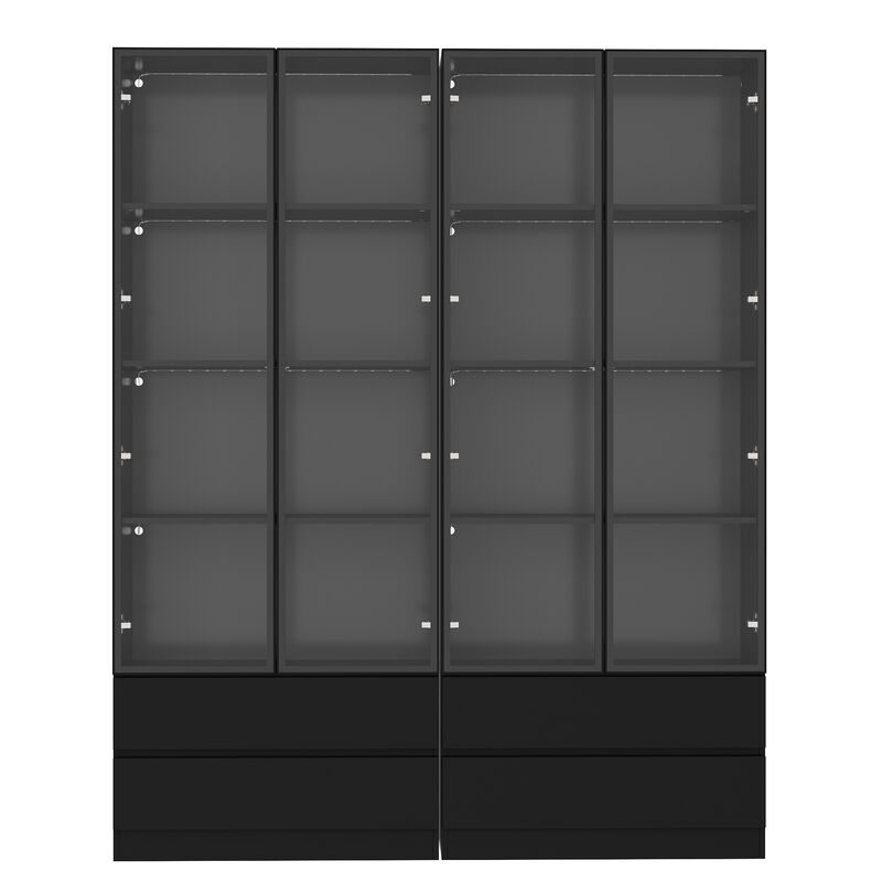 FUFU&GAGA 63" Modern Black Storage Cabinet with LED Lighting, 4 Glass Doors & 4 Drawers, P2 PB Board Media Console (63 in. W x 14.2 in. D x 78.7 in. H)