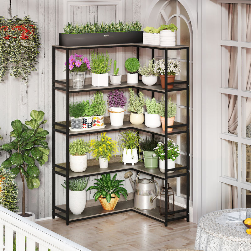 5-Tier L-Shaped Corner Bookshelf with Metal Frame, Space-Saving Etagere Design