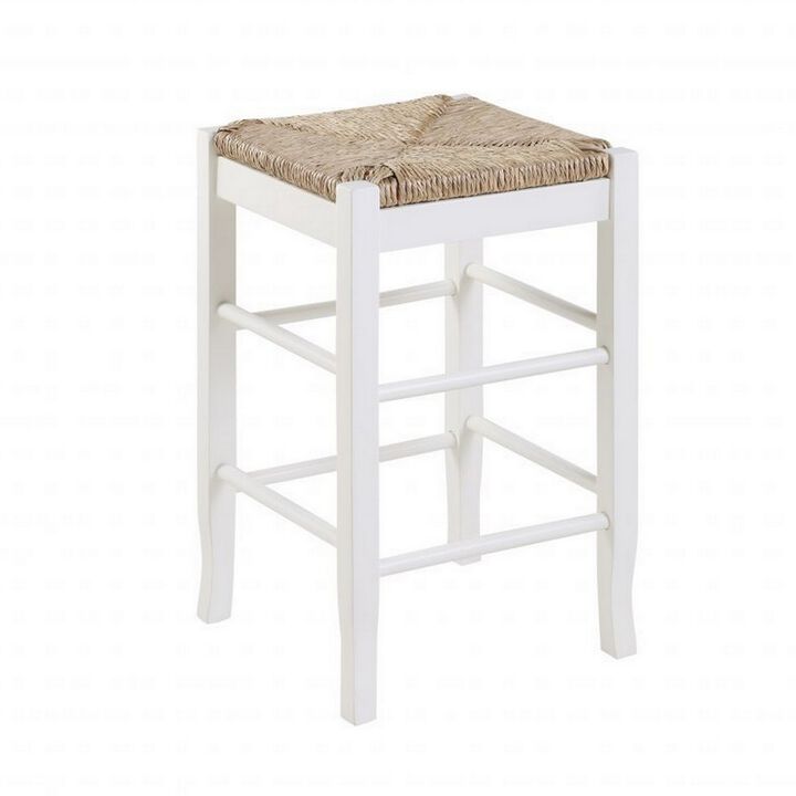 Square Wooden Frame Counter Stool with Hand Woven Rush, White and Brown-Benzara
