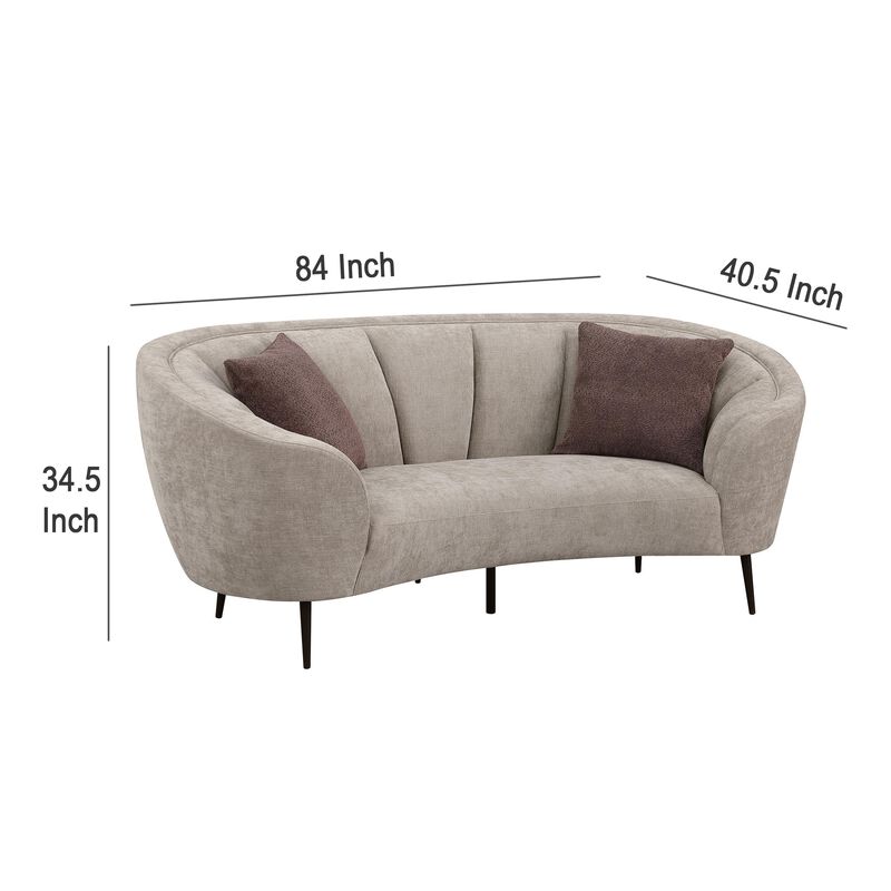 Zui Curved Loveseat, 84 Inch Beige, Round Design, 2 Accent Pillows - Benzara