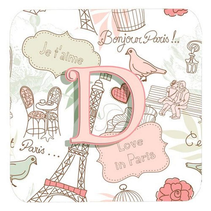 Caroline's Treasures CJ2002-DFC Letter D Love in Paris Pink Foam Coasters (Set of 4), 3.5, Multicolor