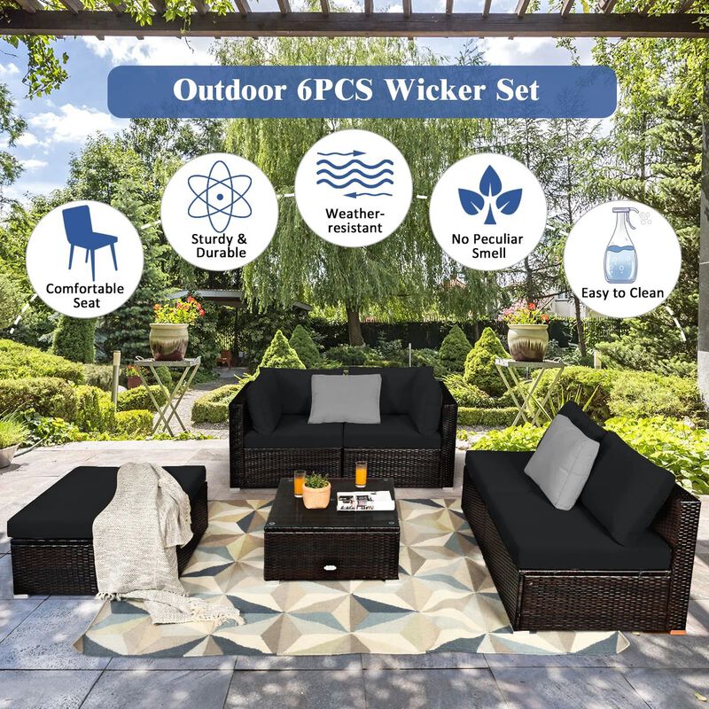 Mondawe 6 Pieces Outdoor Patio Rattan Sectional Sofa Set with Coffee Table
