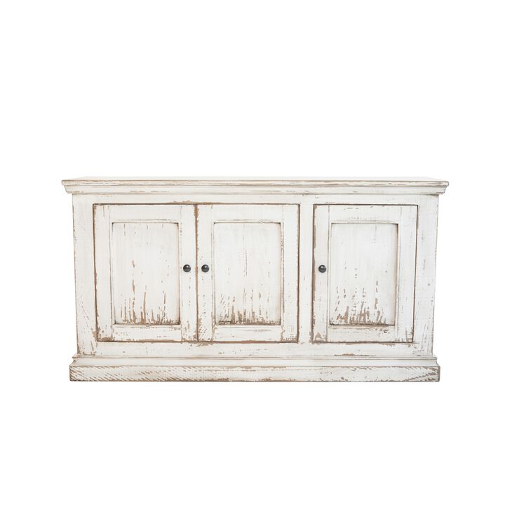 Miy Sideboard Buffet Cabinet, 3 Door, Antique White Pine Wood 65 Inch - Benzara