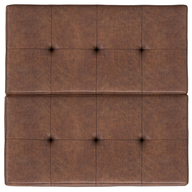 Dover 36 inch Wide Contemporary Square Lift Top Coffee Table Storage Ottoman in Distressed Saddle Brown  Vegan Faux Leather, Assembled