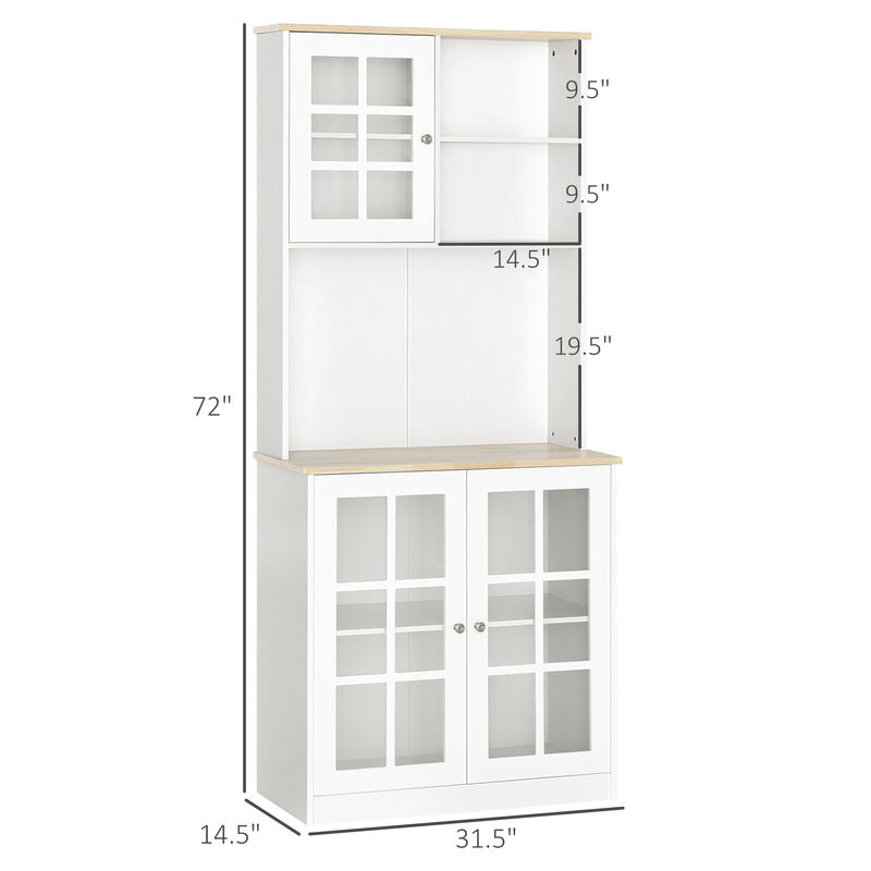 HOMCOM Kitchen Buffet with Hutch, Storage Pantry with 2 Cabinets with Glass Doors and Adjustable Shelf, 2 Open Shelves and Large Countertop, White
