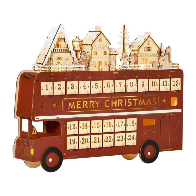 Christmas Advent Calendar, Light Up Wooden Bus Decoration w/ Village & Drawers