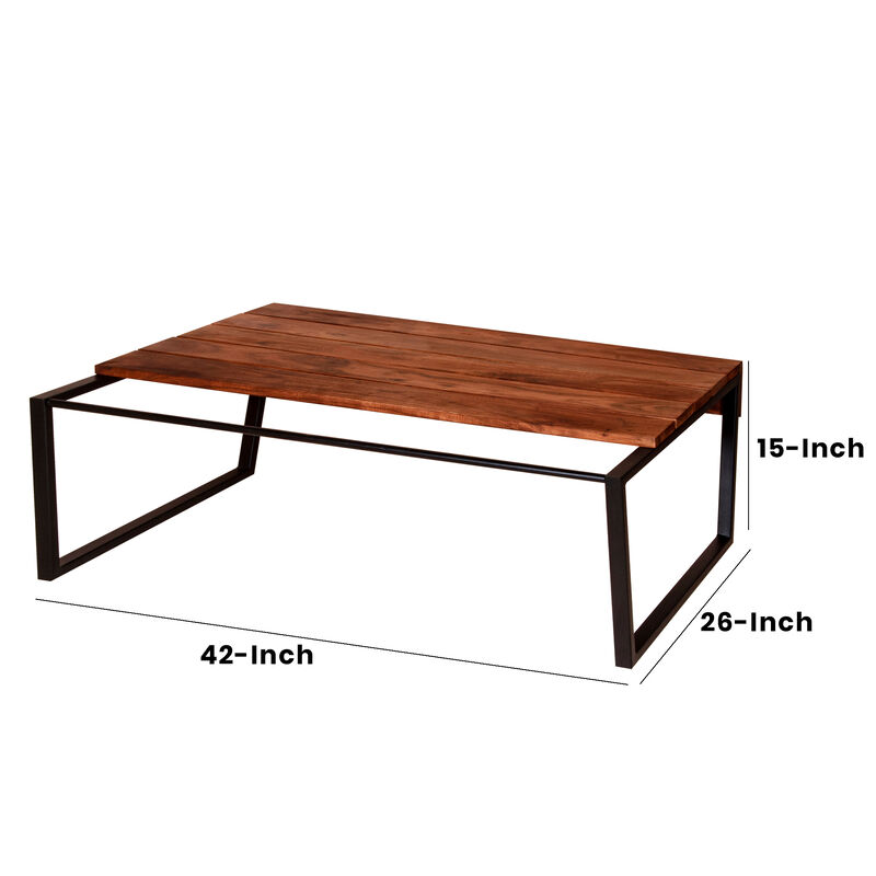 41.7 Inch Rectangular Coffee Table with Plank Style Top, Metal Frame, Brown and Black