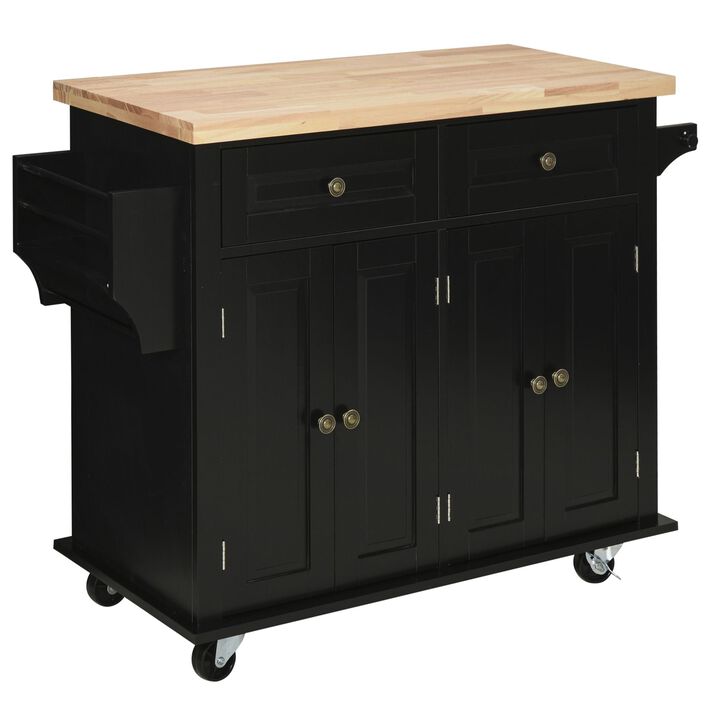 Black Kitchen Island: Cart with Varnished Rubberwood Top and Casters
