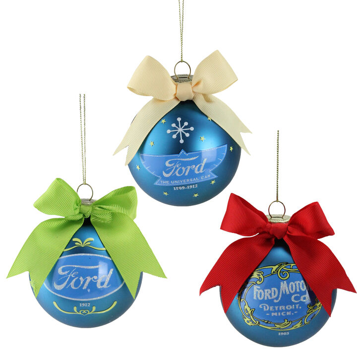 Set of 3 Blue Ford Logo Collectible Glass Christmas Ball Ornaments 3"