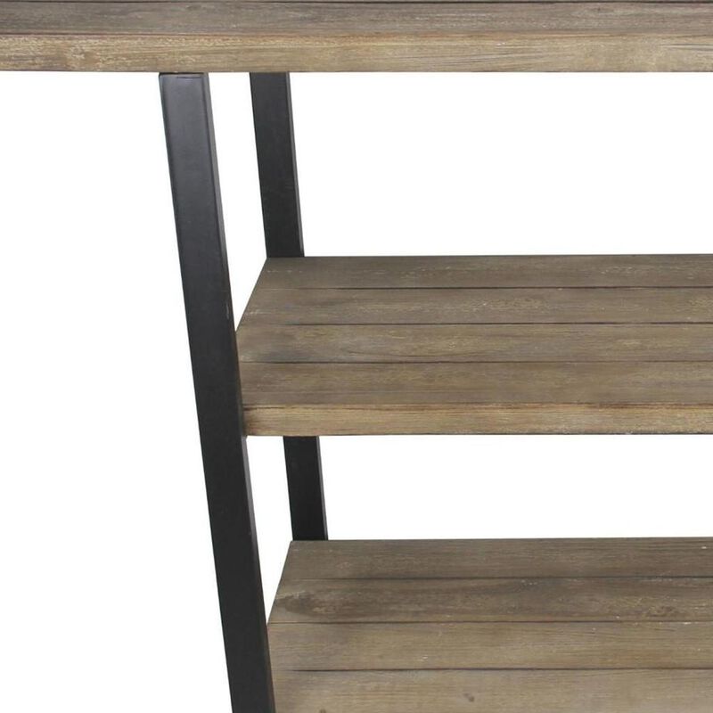 HomeRoots 47" Brown and Black Wood and Metal Distressed Console Table With Two Shelves image number 3