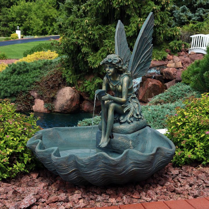 Sunnydaze Fiberglas Bronze Fairy Shell Outdoor Water Fountain - 30 in