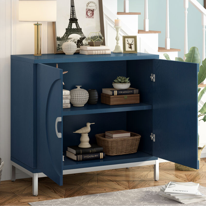 Simple Storage Cabinet Accent Cabinet with Solid Wood Veneer and Metal Leg Frame for Living Room, Entryway, Dining Room (Navy)