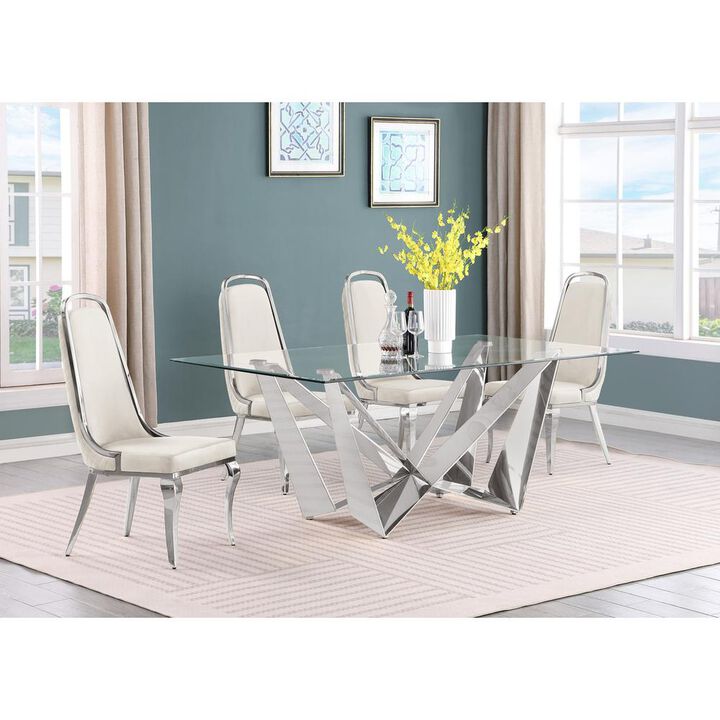 5pc Small(78") glass dining set with silver base and 6 Cream side chairs