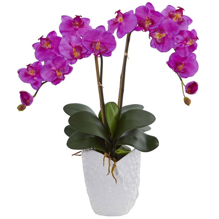 Nearly Natural 23-in Double Phalaenopsis Orchid in White Vase
