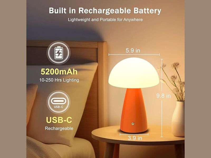 Mushroom Glass Table Lamp Rechargeable Cordless Dimmable Bedside Night Light image number 2