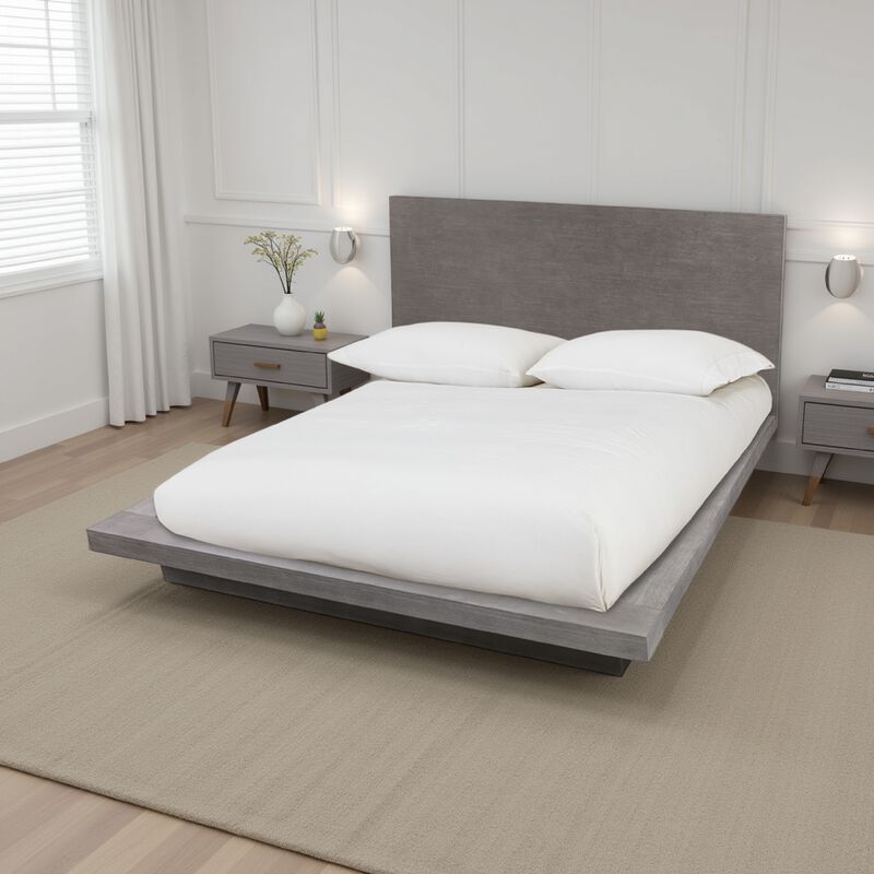 Nels Queen Size Platform Bed, Light Gray Acacia Wood, Platform Plinth Base  - Benzara