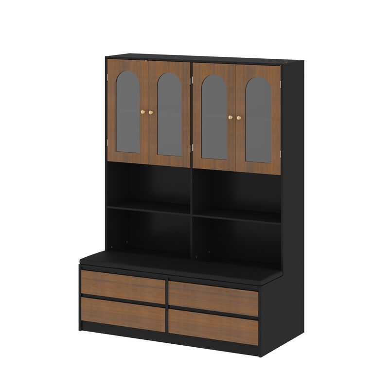 FUFU&GAGA Modern Cabinet with Seating &ndash; MDF Construction, 4 Glass-Panel Doors, 4 Drawers, and Cotton Seat Cushion, (47.2" L x 11.8" W x 63.6" H), Brown