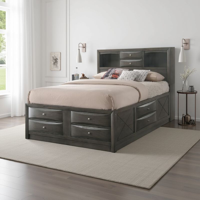 Contemporary Style Queen Size Wooden Storage Bed with Eight Spacious Drawers, Brown - Benzara