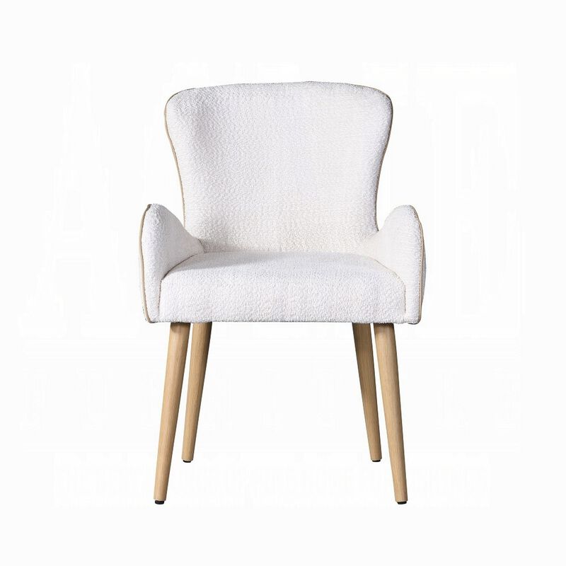 Willy Side Chair Set of 2, White Boucle, Soft Padding, Brown Wood Legs - Benzara