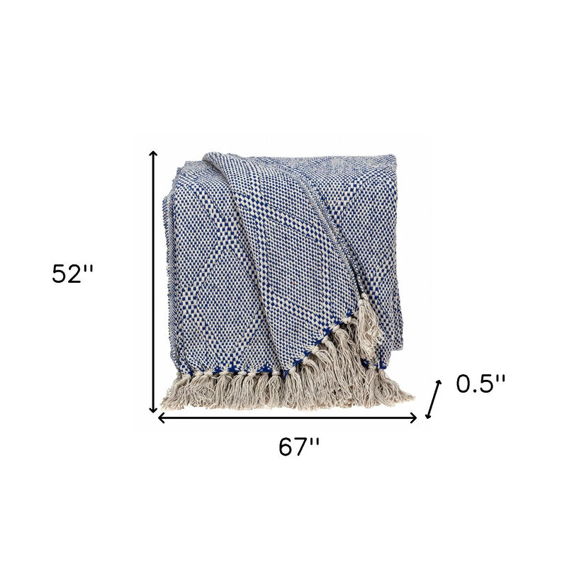 HomeRoots Blue and Beige Woven Handloom Throw with Tassels image number 4