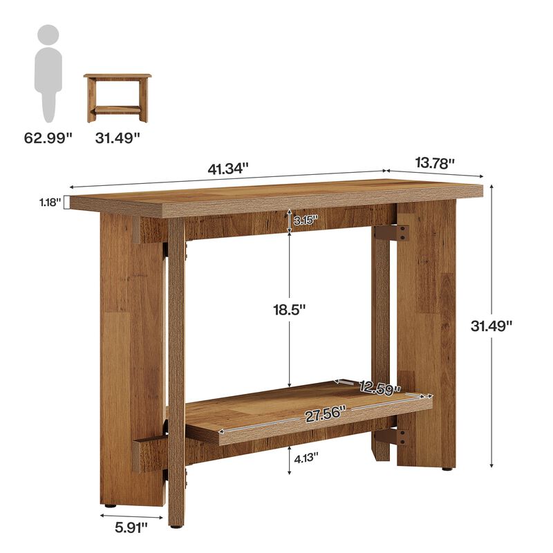 2-Tier Sofa Console Table with Storage Shelf for Narrow Entryway-Brown image number 2