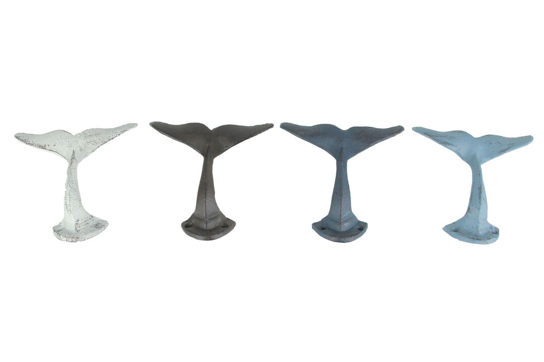 Colorful Cast Iron Whale Tail Wall Hooks Set of 4 Nautical D&eacute;cor