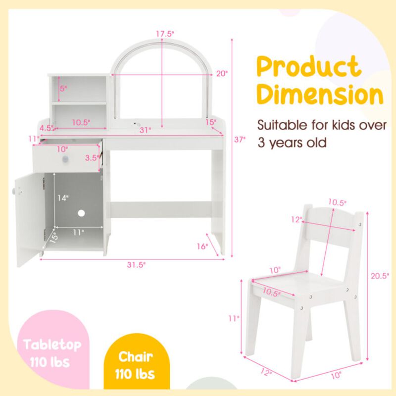 Hivvago Kids Vanity Table and Chair Set with Shelves Drawer and Cabinet-White