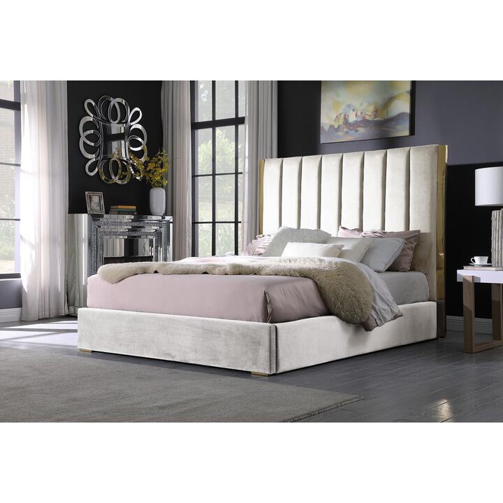 Best Master Furniture Jalen Beige Velvet Queen Platform Bed with Gold Accents
