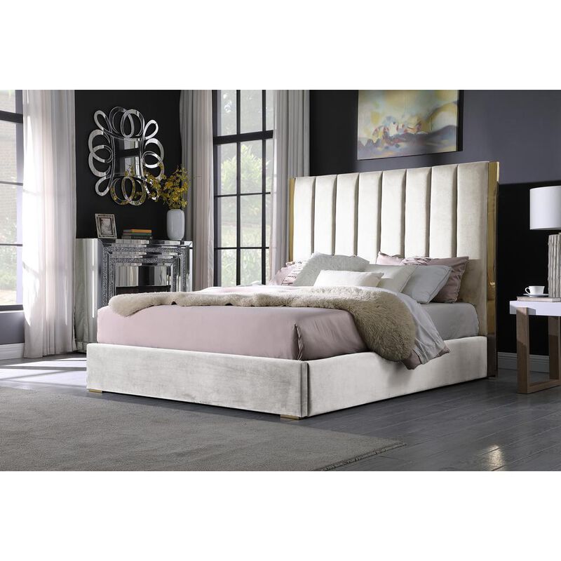 Best Master Furniture Jalen Beige Velvet Queen Platform Bed with Gold Accents