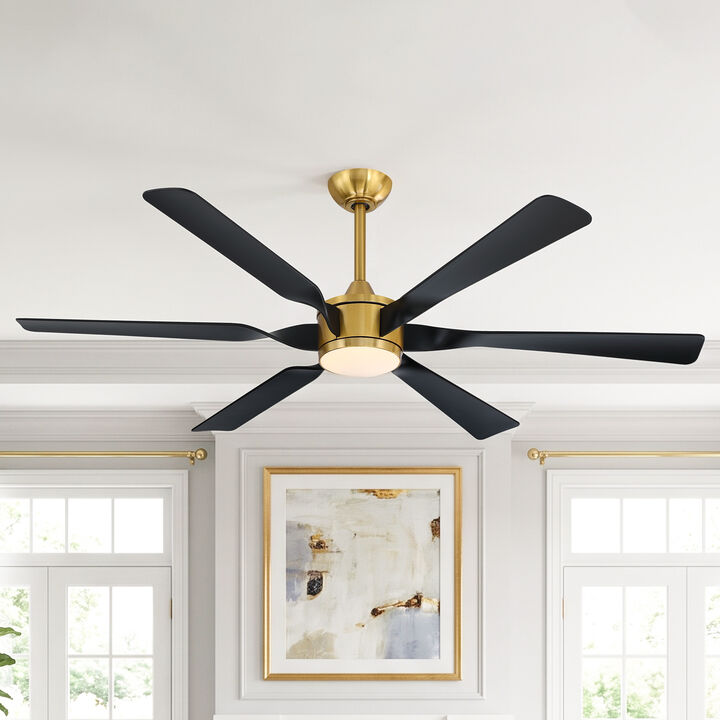 60" Brushed Gold Modern Reversible DC Dimmable Aero 6 Blade Large Ceiling Fan with LED Light and Remote