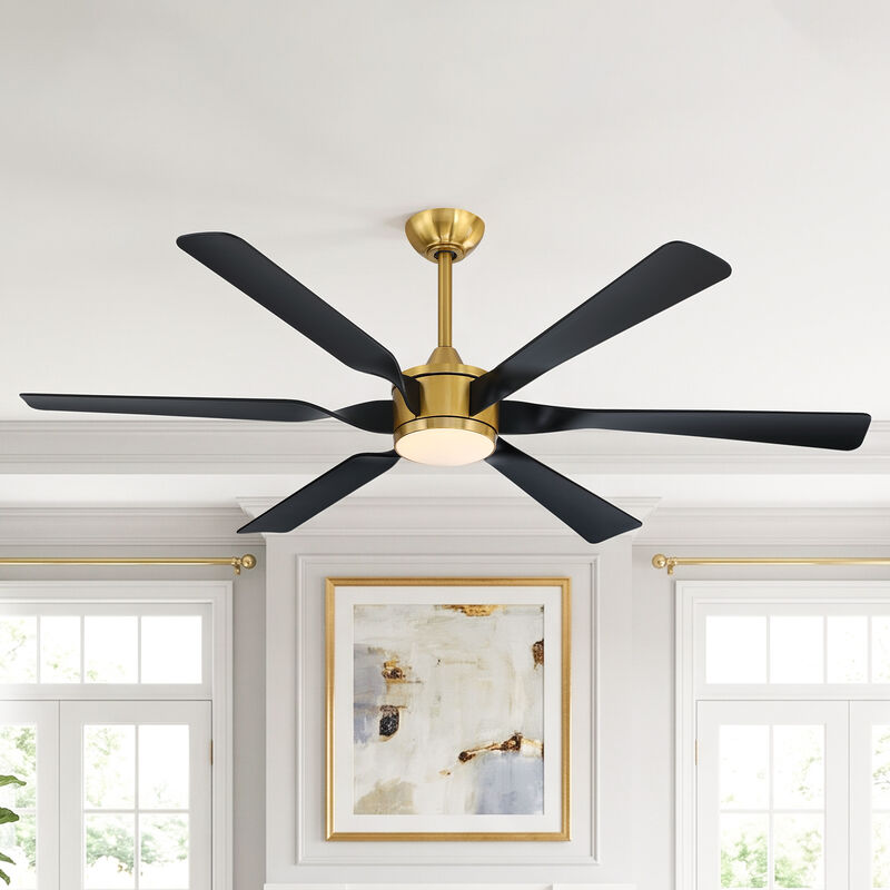 60" Brushed Gold Modern Reversible DC Dimmable Aero 6 Blade Large Ceiling Fan with LED Light and Remote image number 1