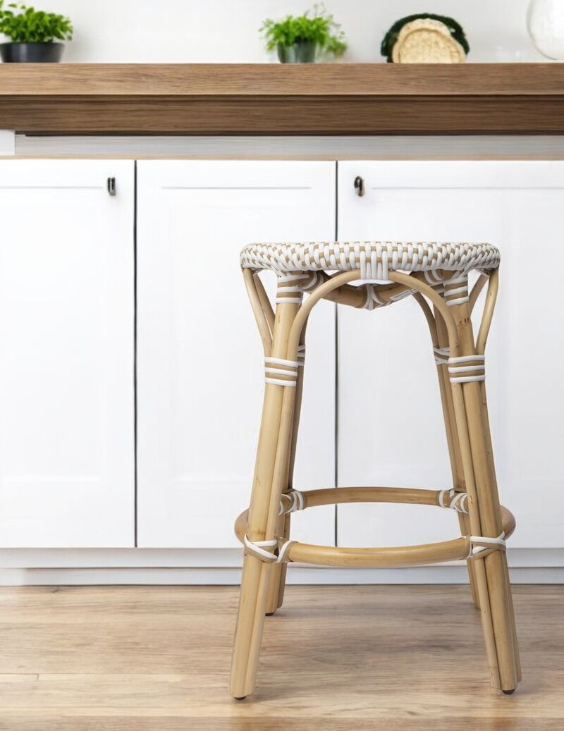 Hivvago 24 Inch Beige White and Natural Rattan Backless Counter Height Bar Chair