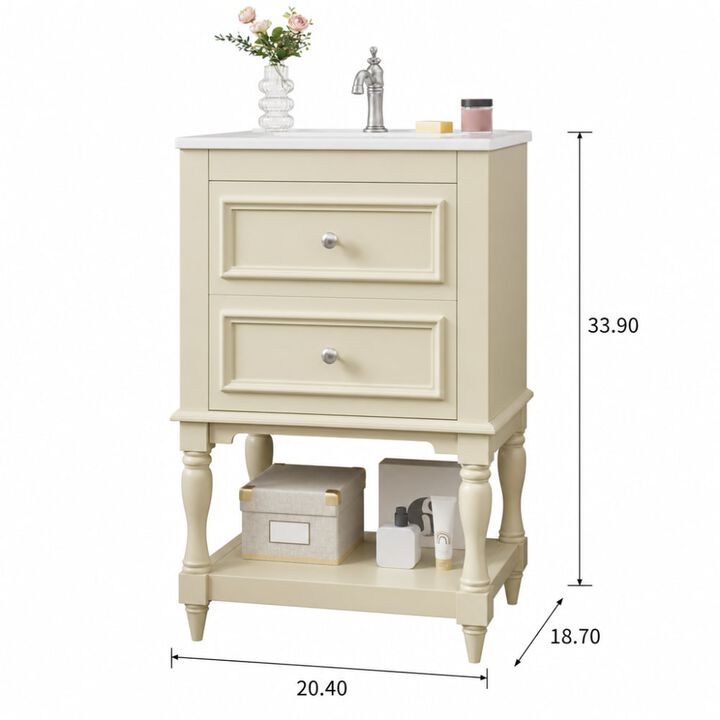ELEMENT ACE 20 Inch Bathroom Vanity with Integrated Ceramic Sink, Freestanding Bathroom Cabinet with 2 Drawers and Open Shelf