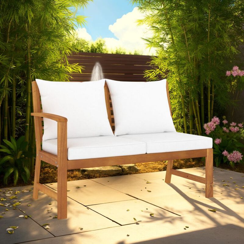Patio Bench w White Cushions, Slatted Brown Solid Acacia Wood, 45 Inch - Benzara