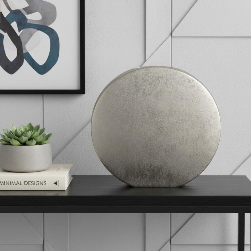 HomeRoots 15" Silver Aluminum Round Disc Table Vase image number 1