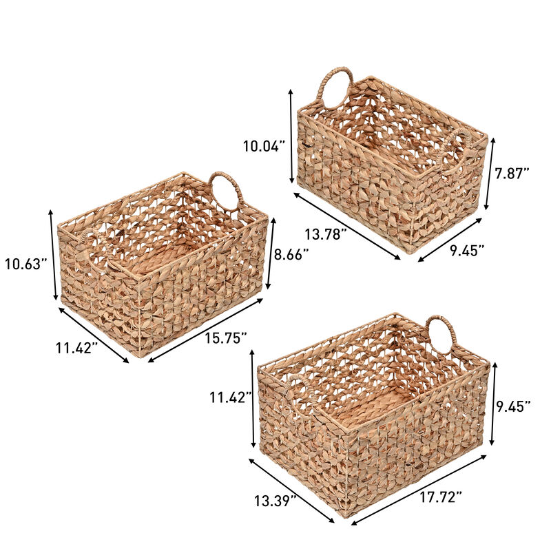 Quinn Bohemian Cottage Woven Hyacinth Rectangular Storage Baskets with Handles