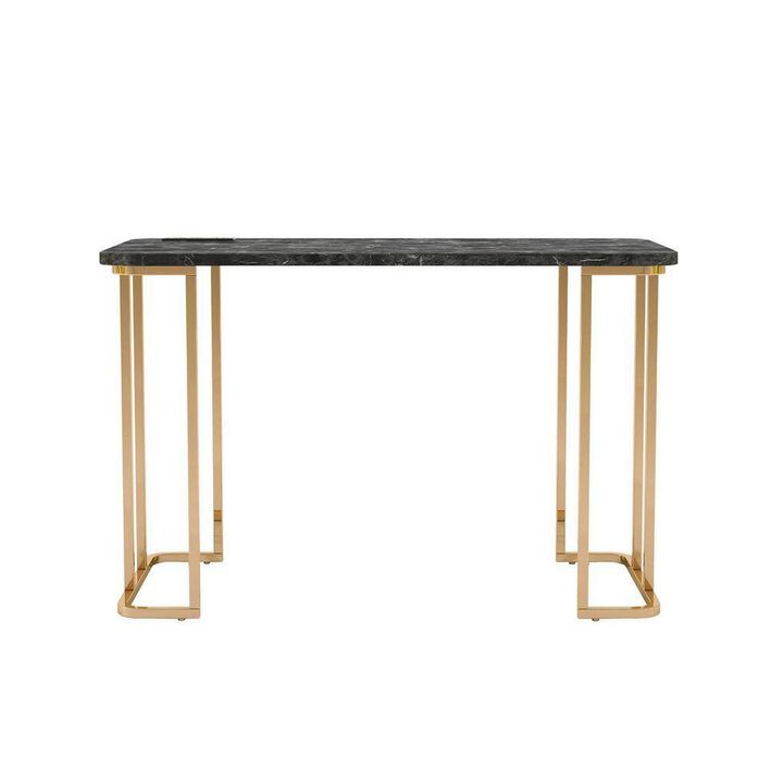 Jenny 47 Inch Desk, USB Power Outlet, Gold Metal Legs, Black Faux Marble - Benzara