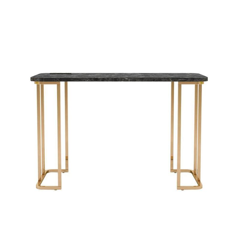 Jenny 47 Inch Desk, USB Power Outlet, Gold Metal Legs, Black Faux Marble - Benzara