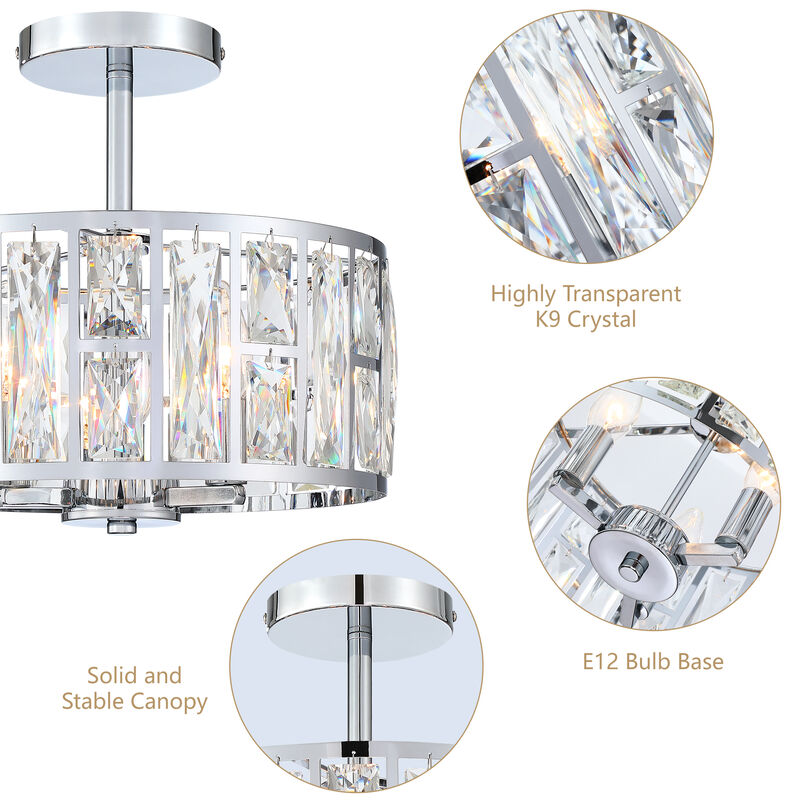12 in. Modern Glam 3-Light Polished Chrome Semi-Flush Mount Ceiling Light with Clear K9 Crystal image number 3