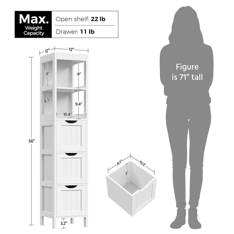 Vertical Bathroom Storage Cabinet Tower with 3 Drawers and 2 Shelves
